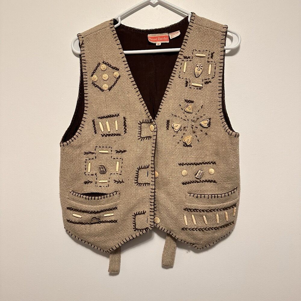 Rene Derhy Womens Vintage Wool Vest Bohemian Artsy Embroidered Art To Wear Sz M